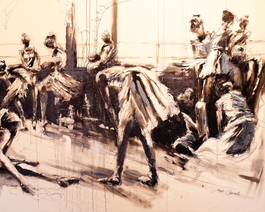 Limited fine art canvas depicting a group of ballerinas warming up in a studio, rich brushstrokes capture dynamic poses and. - The Warm Up/AP/#199 - Artist Proofs, Dancers AP, Figurative AP, Rolled Canvas
