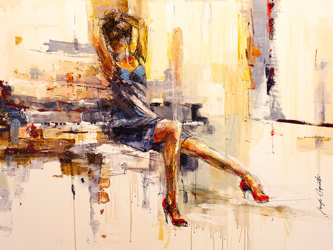 Abstract figurative painting of a seated woman in a blue dress and red heels, rendered with rich, textured brushstrokes in. - Facing the Music/AP/#200 - Artist Proofs, Figurative AP, Rolled Canvas