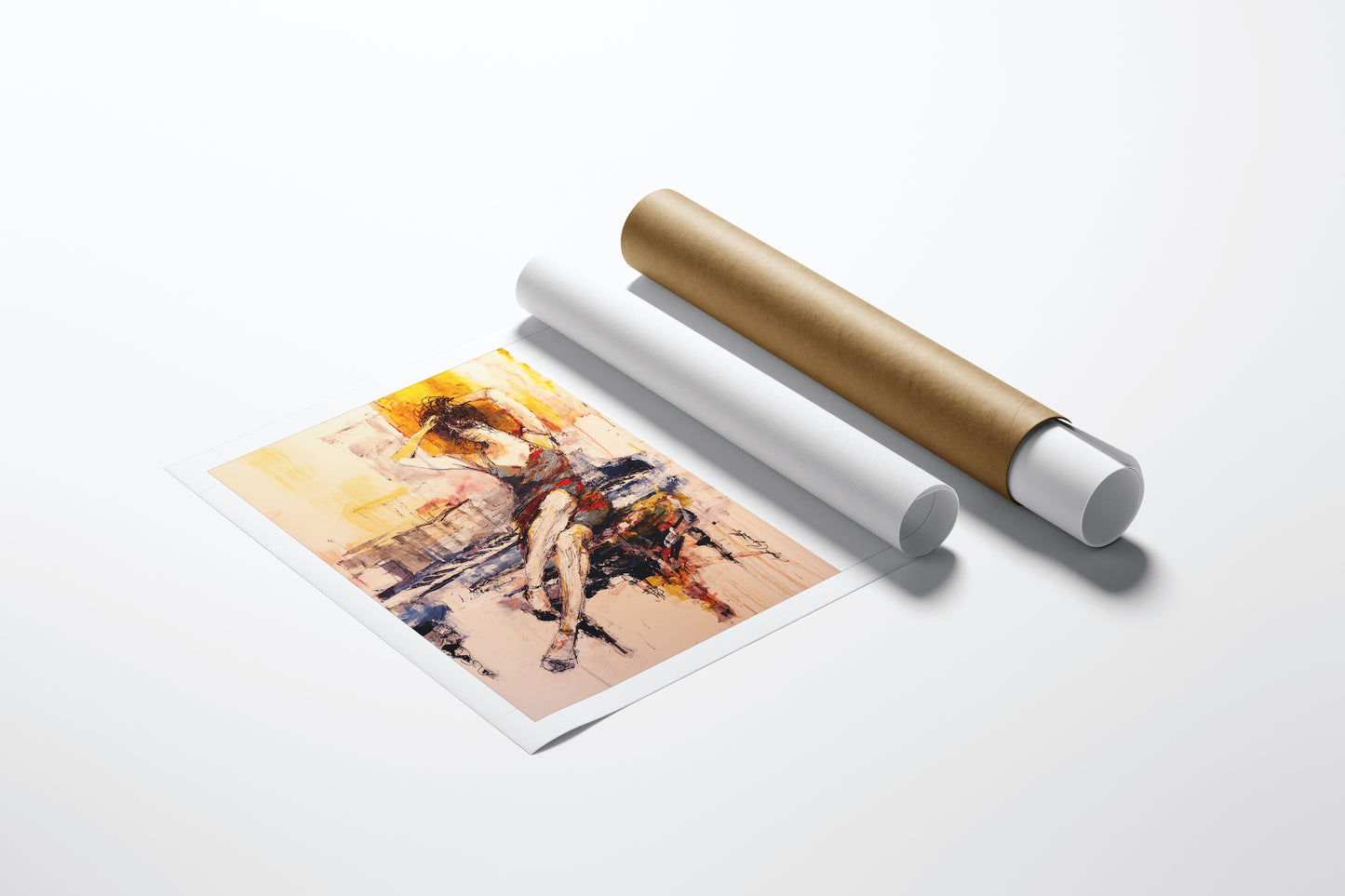Fine art limited edition figurative print featuring a woman at a piano in rich, warm tones, displayed alongside rolled. - Smokey Eyes and Curled Lip/AP/#202 - Artist Proofs, Figurative AP, Rolled Canvas, Women & Piano AP