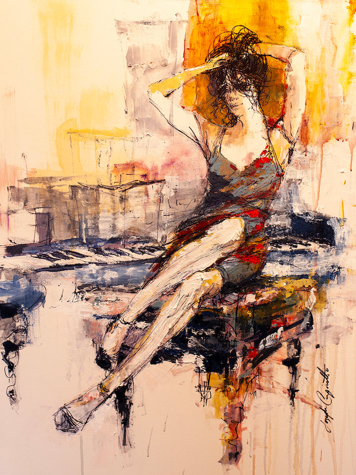 Figurative fine art painting of a woman seated at piano, warm yellow and orange background, rich textured brushwork,. - Smokey Eyes and Curled Lip/AP/#202 - Artist Proofs, Figurative AP, Rolled Canvas, Women & Piano AP