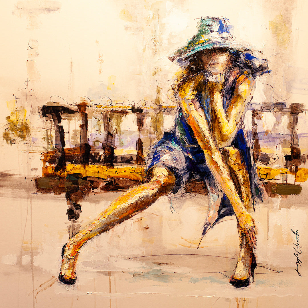 Limited gallery-level fine art canvas depicting a woman in a blue dress and hat posing gracefully on a bench, rich textured. - Posing in the Park/AP/#203 - Artist Proofs, Figurative AP, Rolled Canvas