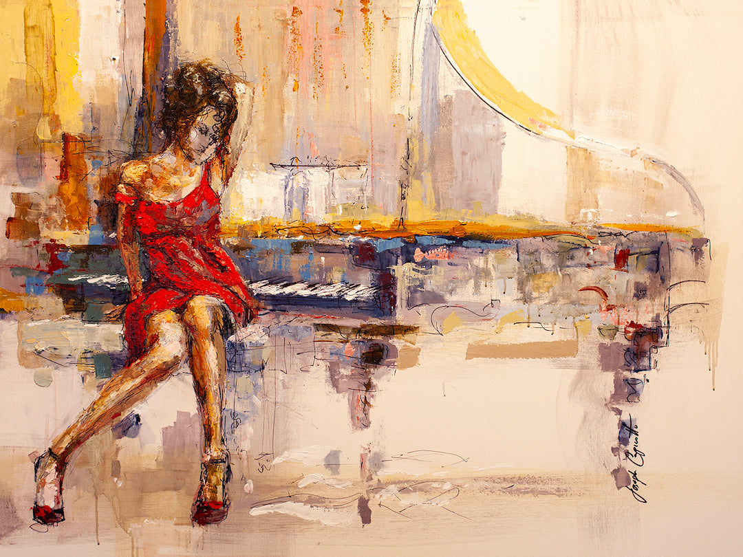 Rich fine art of a woman in a red dress seated beside a grand piano, showcasing gallery-level craftsmanship and limited. - Songs Unsung/AP/#204 - Artist Proofs, Figurative AP, Rolled Canvas, Women & Piano AP