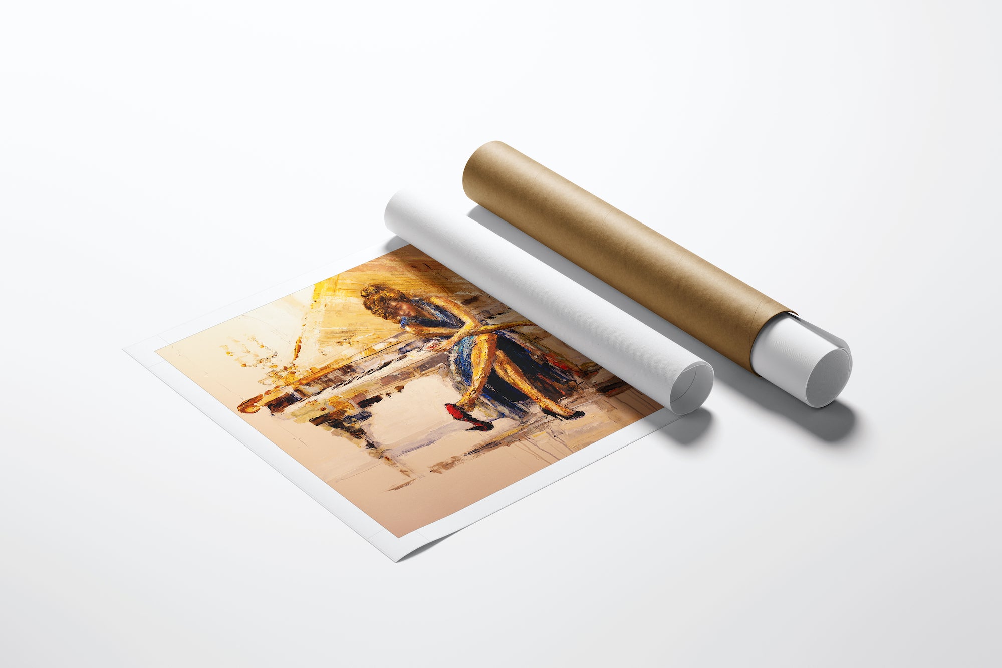Rolled limited edition fine art print depicting a woman playing piano with rich warm tones, displayed beside protective. - Sweet Melody/AP/#205 - Artist Proofs, Figurative AP, Rolled Canvas, Women & Piano AP
