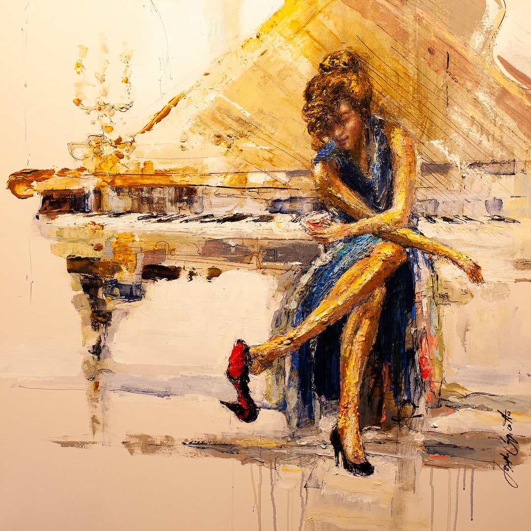 Fine art painting of a woman in a blue dress seated at a piano, rendered with rich, textured brushstrokes in warm gold and. - Sweet Melody/AP/#205 - Artist Proofs, Figurative AP, Rolled Canvas, Women & Piano AP