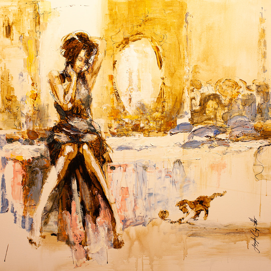 Figurative fine art painting with rich, textured brushstrokes in warm yellows and browns, depicting a contemplative woman in . - Playday/AP/#206 - Artist Proofs, Figurative AP, Rolled Canvas