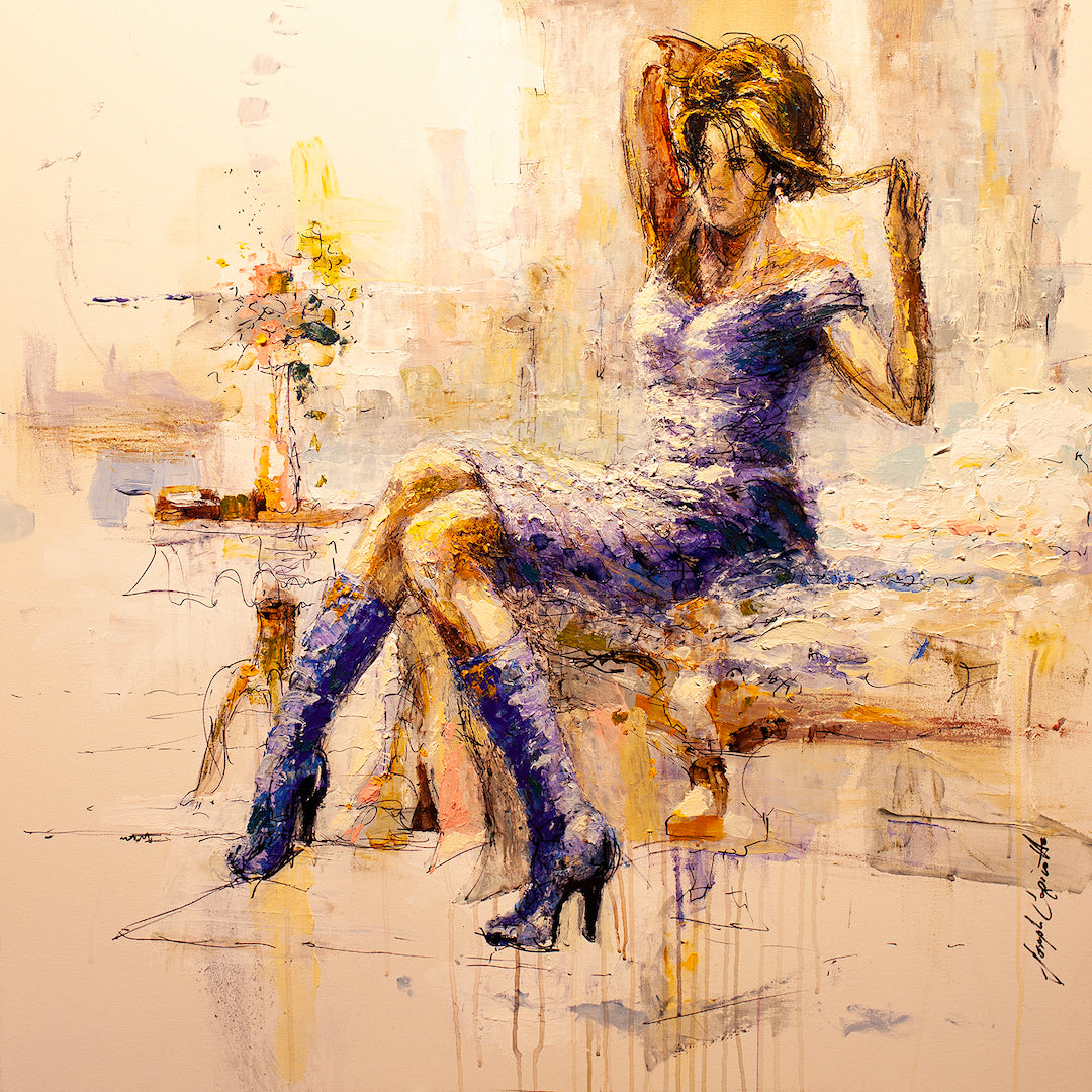 Limited fine art figurative painting of a woman in a purple dress and boots, sitting gracefully on a bench with rich,. - Tuesday Tuesday/AP/#207 - Artist Proofs, Figurative AP, Rolled Canvas