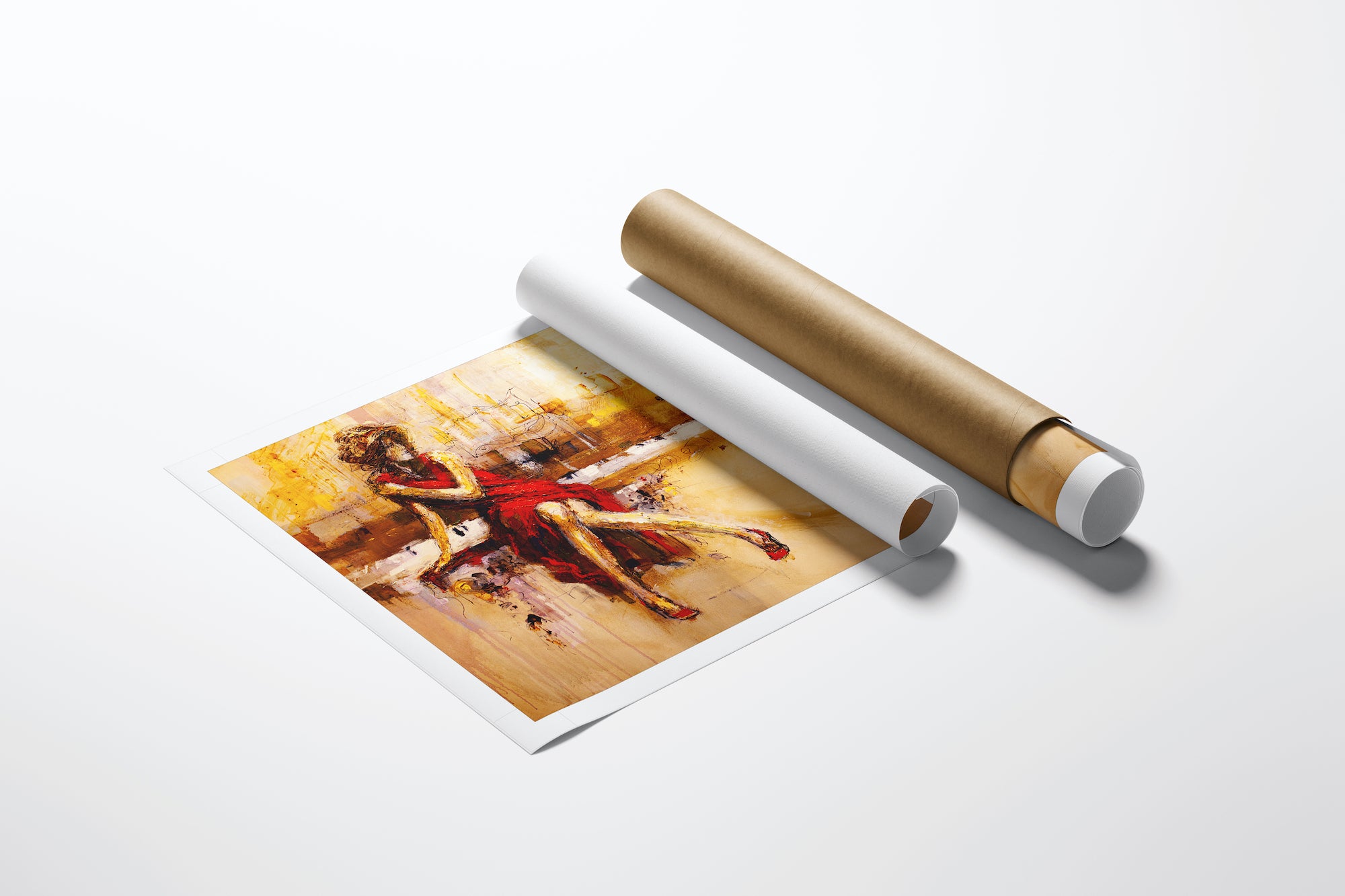 Limited edition fine art rolled canvas with rich red and beige tones depicting a woman playing piano, showcasing. - Melody in Red/AP/#208 - Artist Proofs, Figurative AP, Rolled Canvas, Women & Piano AP