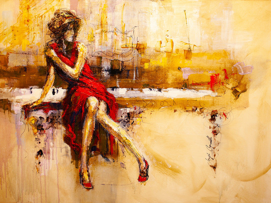 Limited fine art canvas portraying a woman in a flowing red dress seated thoughtfully beside a richly textured, abstract. - Melody in Red/AP/#208 - Artist Proofs, Figurative AP, Rolled Canvas, Women & Piano AP