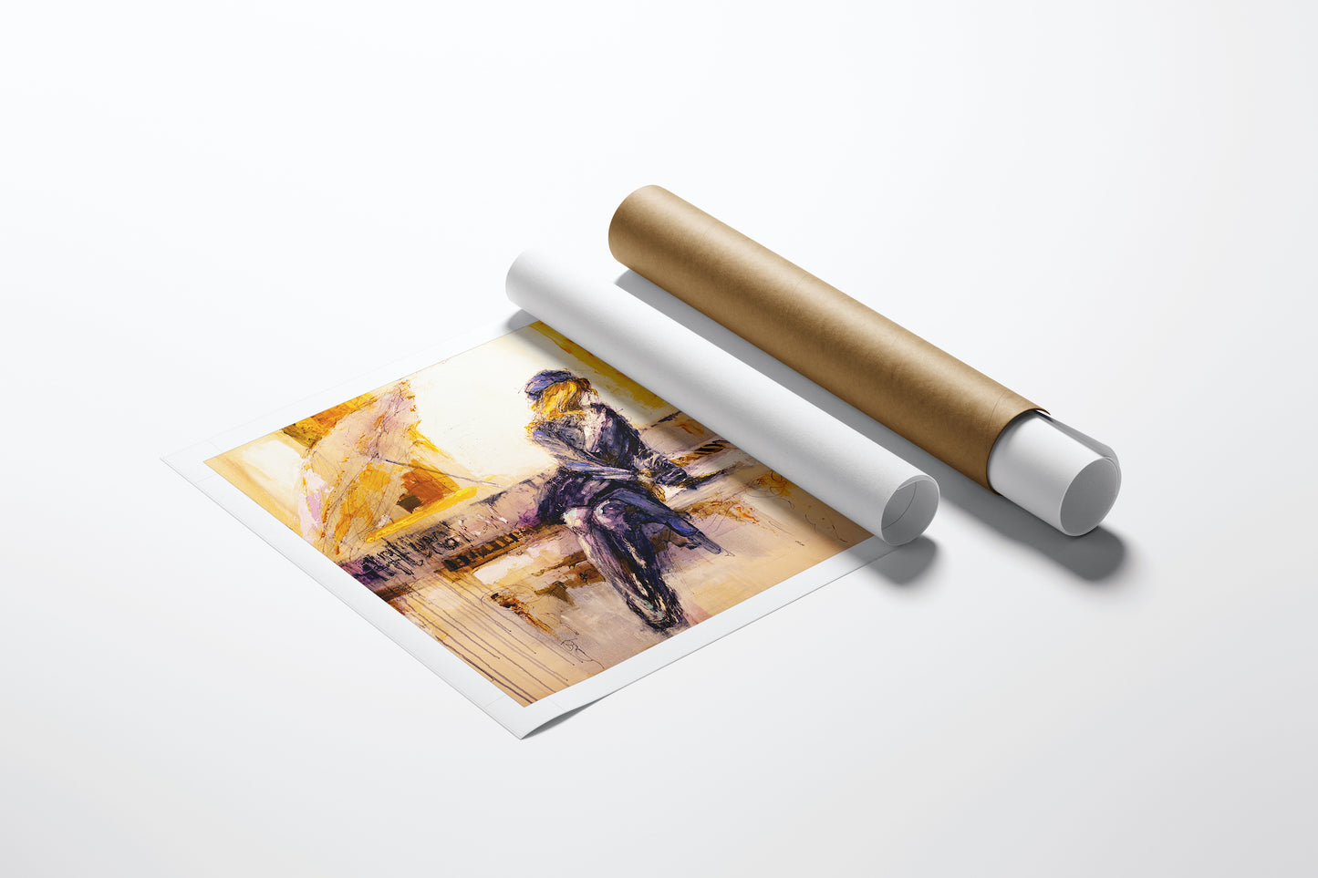 Rolled canvas fine art print titled Afterglow/AP/#209, featuring a rich figurative scene of a woman playing piano,. - Afterglow/AP/#209 - Artist Proofs, Figurative AP, Rolled Canvas, Women & Piano AP