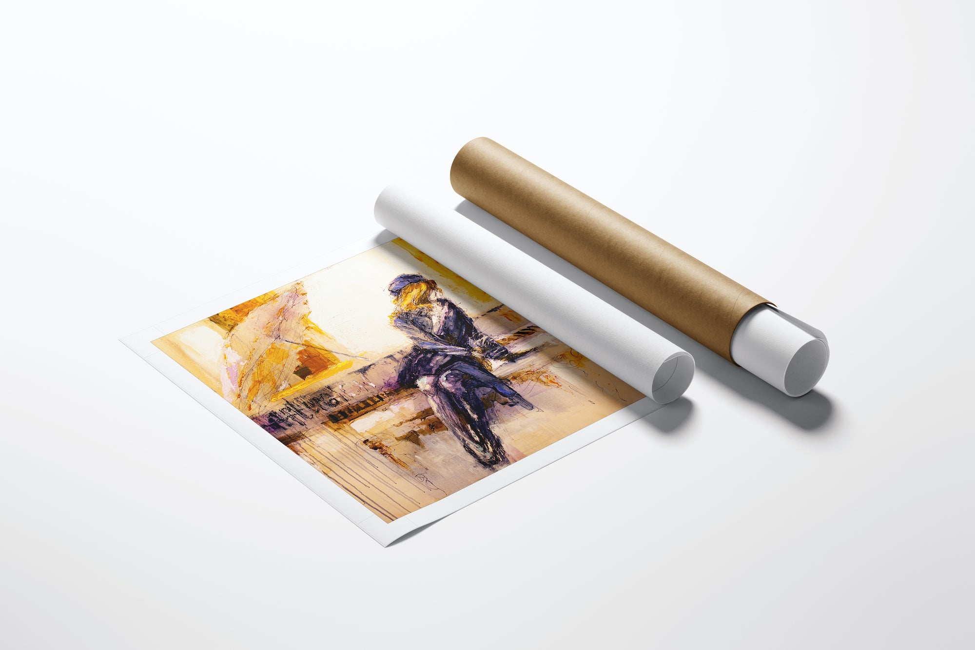 Rolled canvas fine art print titled Afterglow/AP/#209, featuring a rich figurative scene of a woman playing piano,. - Afterglow/AP/#209 - Artist Proofs, Figurative AP, Rolled Canvas, Women & Piano AP