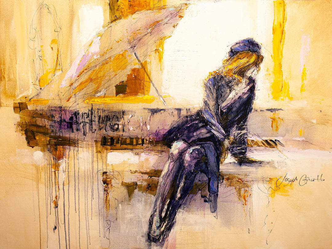 Limited fine art painting of a woman in deep blue attire leaning on a grand piano, rich golden and cream tones,. - Afterglow/AP/#209 - Artist Proofs, Figurative AP, Rolled Canvas, Women & Piano AP