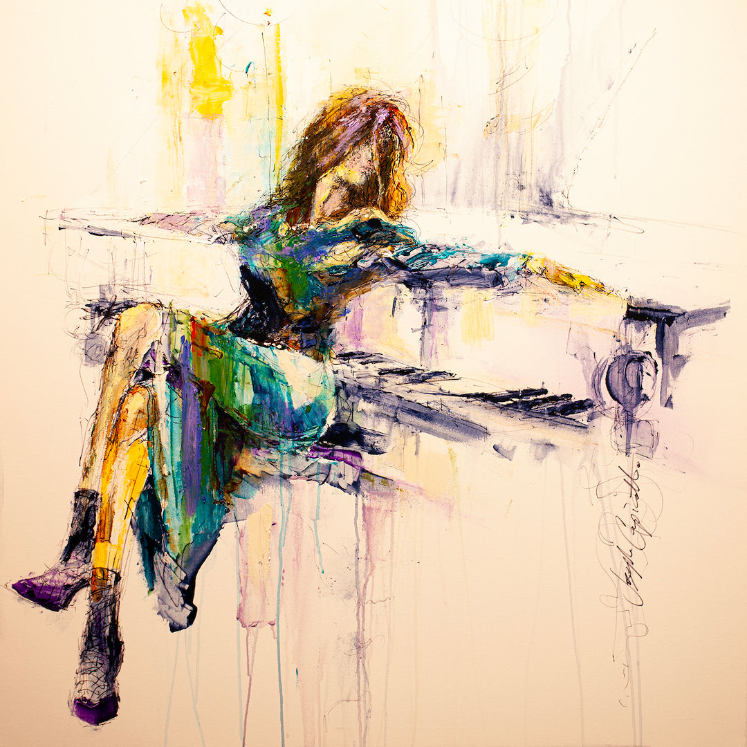 Gallery-level fine art showing a woman in a flowing green dress seated at a piano, rendered with rich, loose brushstrokes. - Casual Keys/AP/#210 - Artist Proofs, Figurative AP, Rolled Canvas, Women & Piano AP