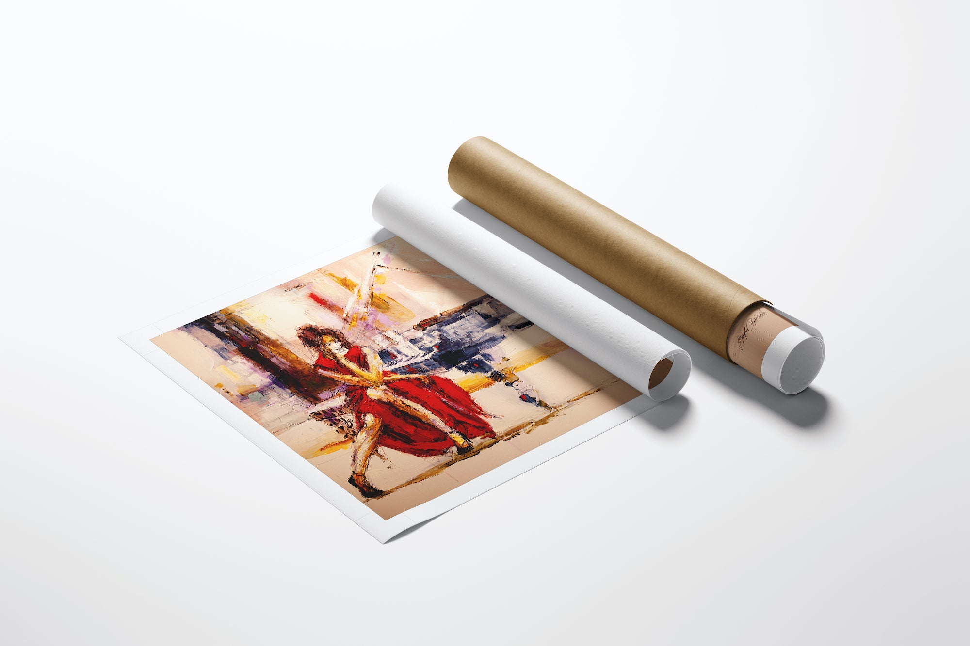 Rolled canvas fine art print featuring a rich, figurative scene of a woman in red playing piano, showcasing gallery-level. - Sentimental in Red/AP/#211 - Artist Proofs, Figurative AP, Rolled Canvas, Women & Piano AP