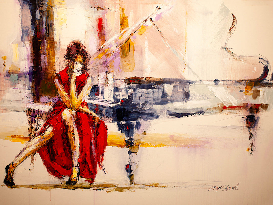 Limited fine art painting of a woman in a rich red dress seated beside a grand piano, showcasing gallery-level craftsmanship . - Sentimental in Red/AP/#211 - Artist Proofs, Figurative AP, Rolled Canvas, Women & Piano AP