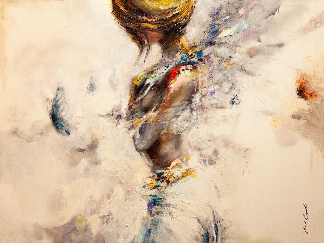 Limited fine art canvas featuring a richly textured figurative butterfly motif with delicate, warm color tones and expert. - Blue Morpho/AP/#223 - Artist Proofs, Figurative AP, Rolled Canvas