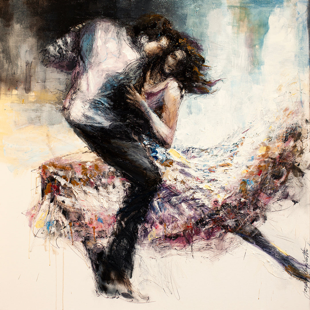 Limited gallery-level fine art on canvas depicting a passionate dance couple in rich, textured brushstrokes, showcasing. - Dance Romance/AP/#225 - Artist Proofs, Dancers AP, Figurative AP, Rolled Canvas