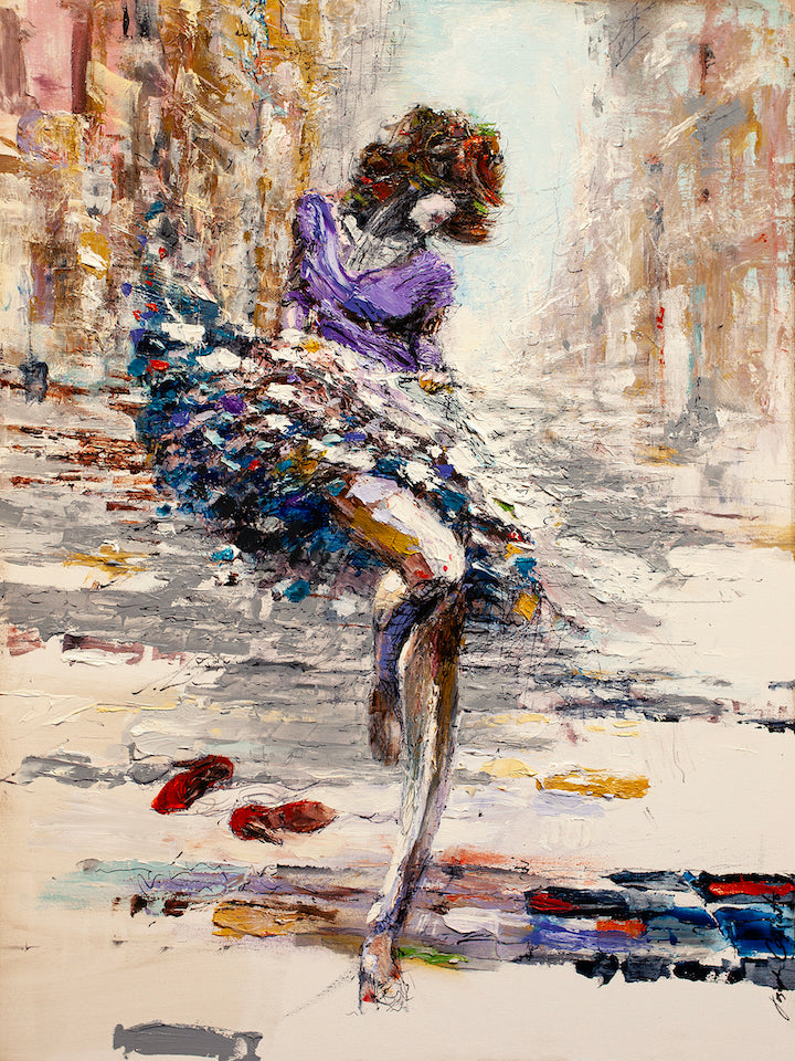 Rich, gallery-level fine art of a dancer in a flowing, multicolored skirt and purple top, captured mid-kick with dynamic. - Kicking It/AP/#226 - Artist Proofs, Dancers AP, Figurative AP, Rolled Canvas