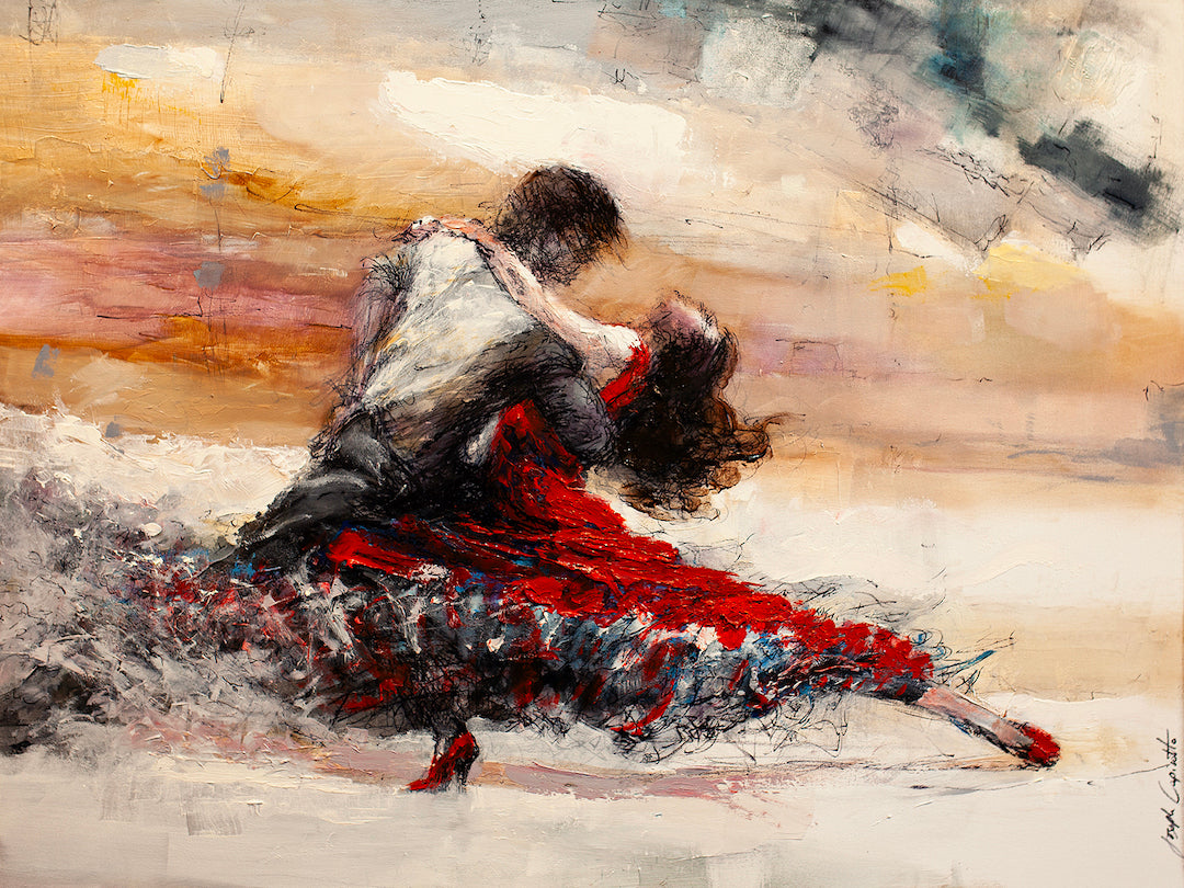 Fine art depiction of two dancers in dynamic embrace, rich textured brushstrokes, warm sunset tones, gallery-level. - Like A Hurricane/AP/#227 - Artist Proofs, Dancers AP, Figurative AP, Rolled Canvas