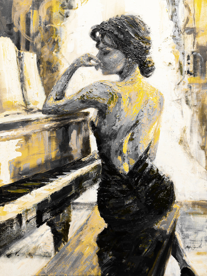 Limited fine art print showing a woman in a black dress seated at a piano, rendered with rich yellows and textured. - My Thoughts/#23/B - Color, Figurative, Prints, Subject Matter, Women & Piano, Yellows