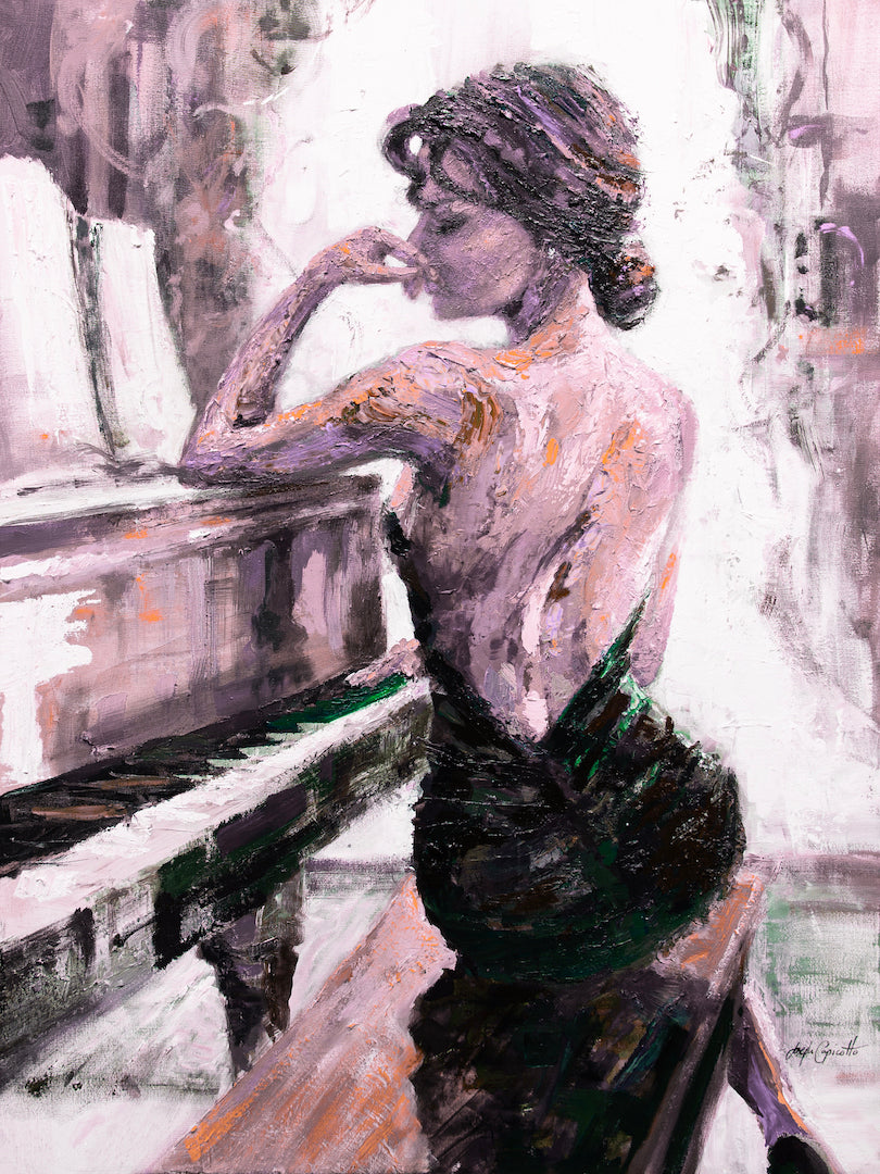 Fine art canvas print of a woman in a black dress seated at a piano, rich purples and oranges, gallery-level craftsmanship. - My Thoughts/#23/C - Color, Figurative, Oranges, Prints, Purples, Subject Matter, Women & Piano