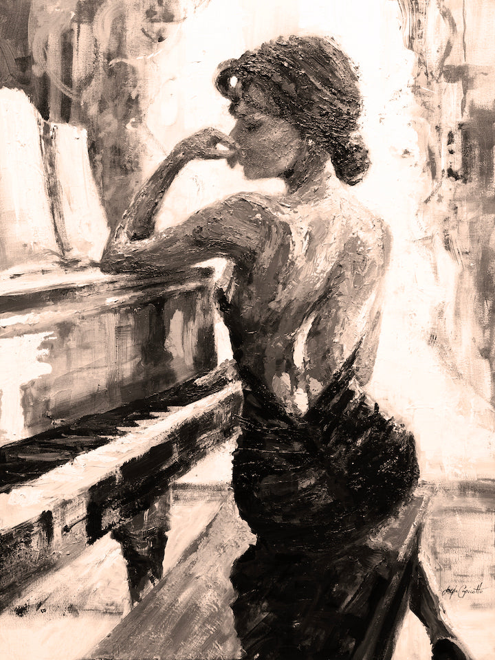 Sepia-toned fine art print of a woman in a black dress seated at a piano, rich in texture and gallery-level craftsmanship. - My Thoughts/#23/E - Color, Figurative, Prints, Sepia, Subject Matter, Women & Piano