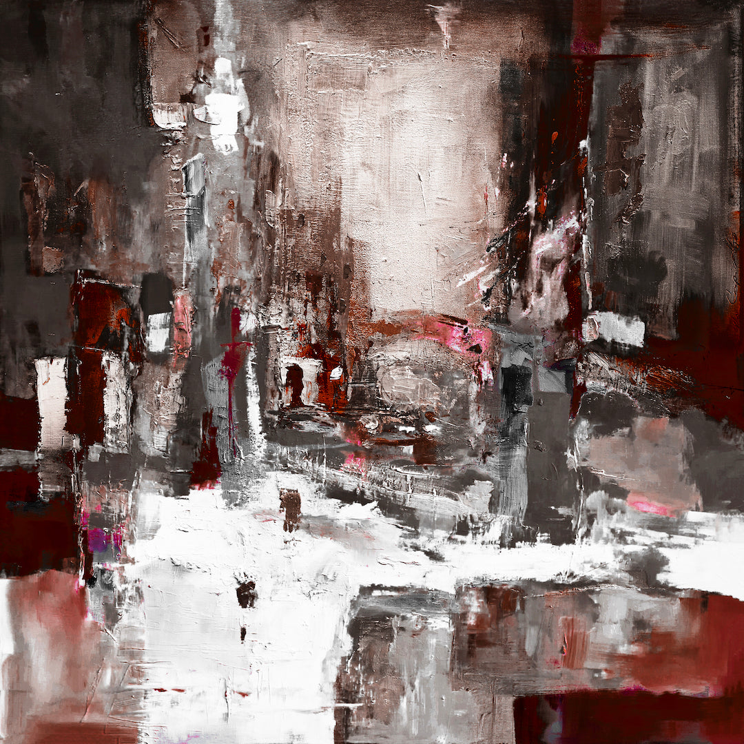 Limited fine art canvas print showcasing an abstract cityscape in rich reds, browns, and whites with textured brushstrokes. - Venetian Highway/#240/A - Abstract, Color, Prints, Reds, Subject Matter