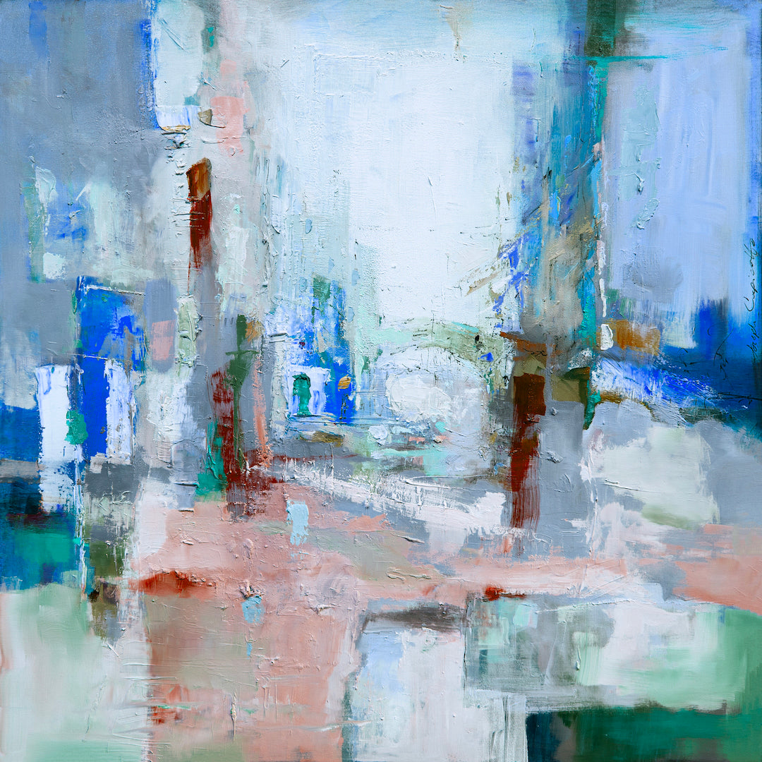 Abstract fine art with rich blues, soft whites, and muted reds blending in a gallery-level composition showcasing expert. - Venetian Highway/#240/C - Abstract, Blues, Color, Prints, Subject Matter