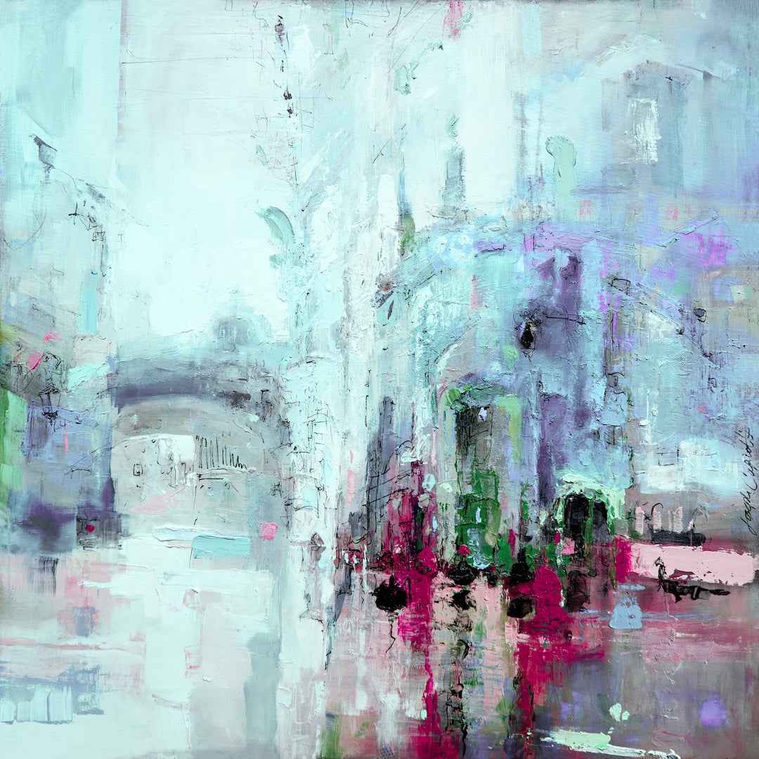 Abstract cityscape titled Venetian Crossroads in rich blues and reds, featuring textured brushstrokes and a water scene with . - Venetian Crossroads/#241/A - Abstract, Blues, Cityscape, Color, Prints, Reds, Subject Matter, Water Scenes