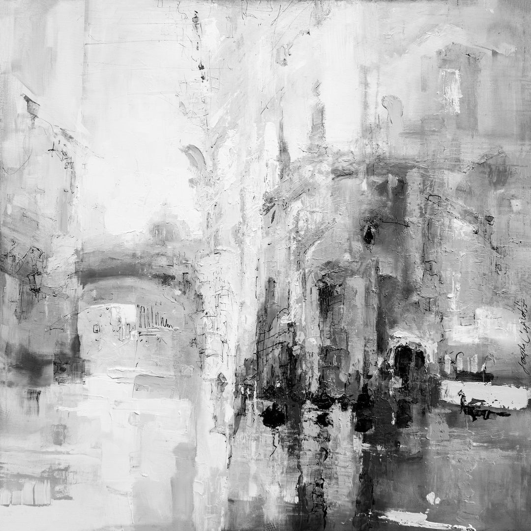 Black and white abstract cityscape featuring textured brushstrokes and reflections on water, rich in fine art quality and. - Venetian Crossroads/#241/D - Abstract, Black & White, Cityscape, Color, Prints, Subject Matter, Water Scenes