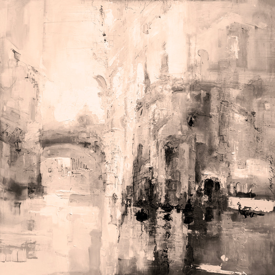 Sepia-toned abstract cityscape print with blurred architectural forms and water reflections, showcasing rich texture and. - Venetian Crossroads/#241/E - Abstract, Cityscape, Color, Prints, Sepia, Subject Matter, Water Scenes
