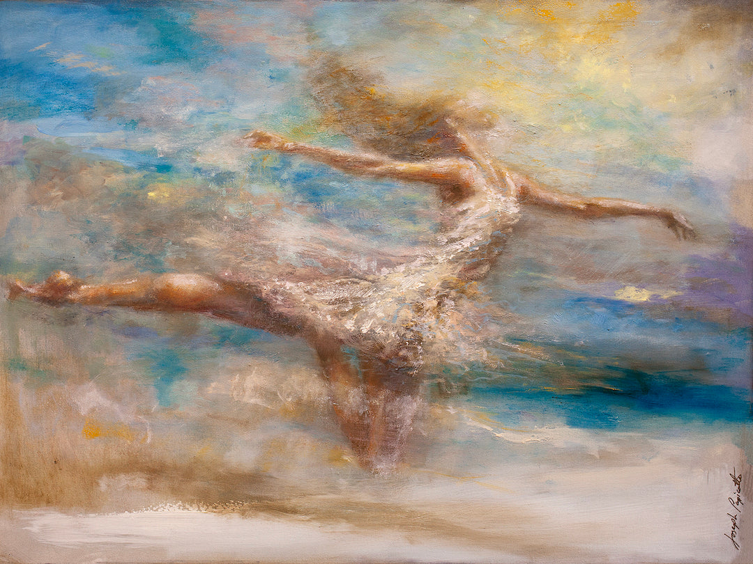 Richly textured fine art on canvas depicting an abstract figurative dancer in motion with warm earth tones and blue accents, . - Taking Flight/AP/#246 - Artist Proofs, Figurative AP, Rolled Canvas