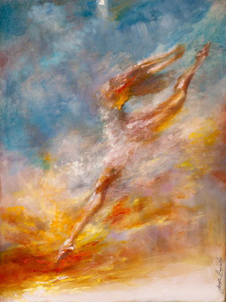 Rich fine art painting of a dynamic figure in warm orange and yellow tones, soaring through a textured sky of blues and. - Light Up the Sky/AP/#247 - Artist Proofs, Figurative AP, Rolled Canvas