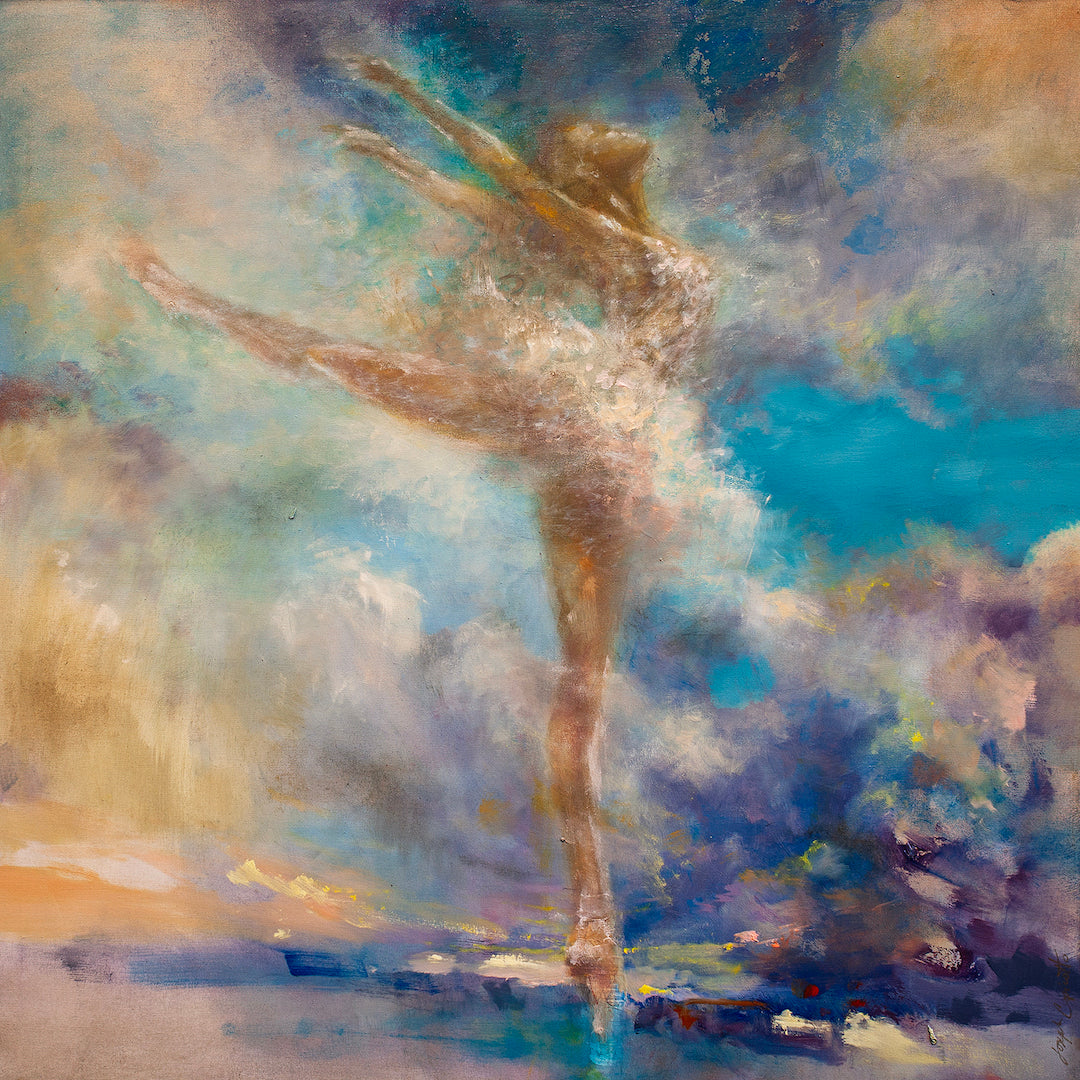 Fine art gallery-level painting of a ballerina with extended arms and leg, blending into a rich, textured sky of swirling. - Butterfly/AP/#249 - Artist Proofs, Figurative AP, Rolled Canvas