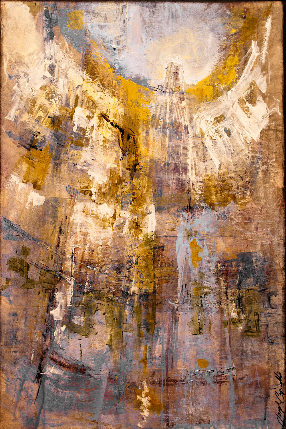 Abstract fine art canvas with rich oranges, golds, and muted blues, showcasing layered brushstrokes and refined. - Spirit/#253/A - Abstract, Color, Oranges, Prints, Subject Matter