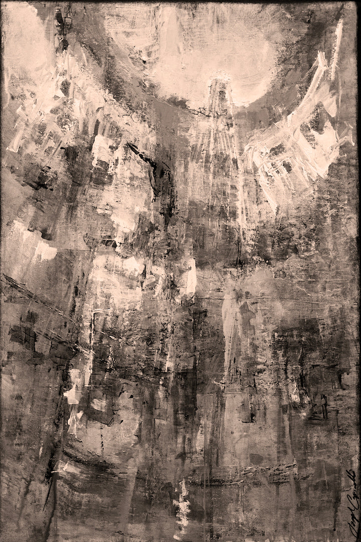 Abstract sepia-toned canvas print featuring layered brushstrokes evoking a tall, curved architectural interior with rich. - Spirit/#253/E - Abstract, Color, Prints, Sepia, Subject Matter