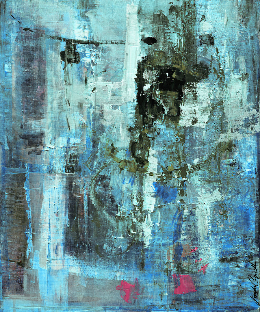 Abstract fine art featuring rich blues and muted earth tones with layered textures and subtle vertical forms, showcasing. - Monk, Bishop, Helicopter/#261/B - Abstract, Blues, Color, Prints, Subject Matter