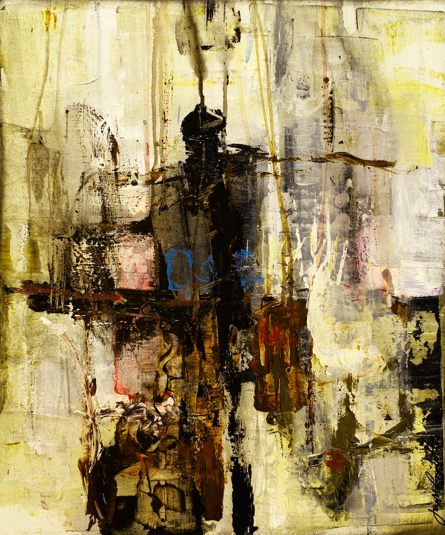 Gallery-level abstract fine art print featuring rich yellows and earthy tones with dynamic brushstrokes on canvas. - Music Man/#262/B - Abstract, Color, Prints, Subject Matter, Yellows