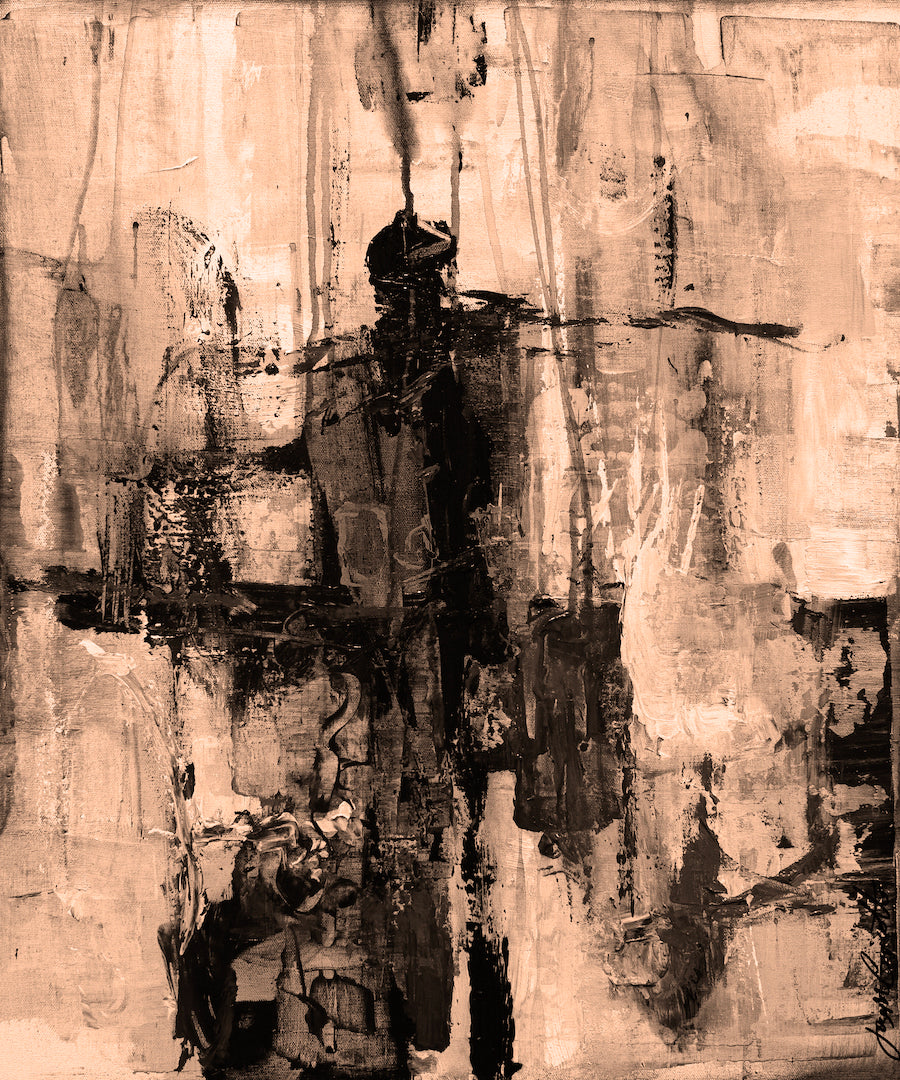 Limited fine art canvas print titled Music Man, featuring a rich sepia-toned abstract figure with strong vertical and. - Music Man/#262/E - Abstract, Color, Prints, Sepia, Subject Matter