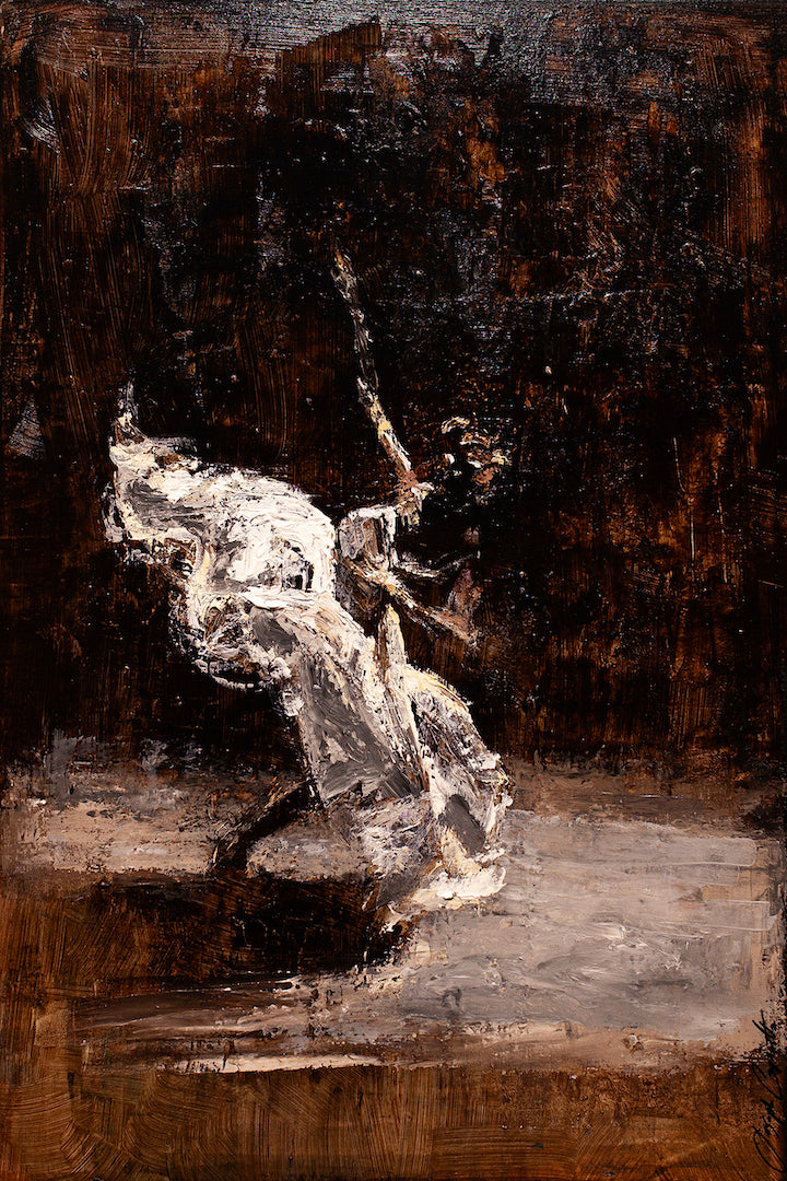 Rich, gallery-level fine art depicting a dancer in flowing white fabric against a dark, textured background, showcasing. - Spotlight/AP/#263 - Artist Proofs, Dancers AP, Figurative AP, Rolled Canvas