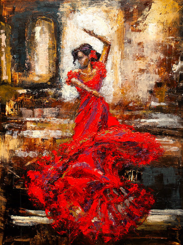 Rich, textured fine art of a flamenco dancer in a vibrant red dress with flowing skirt, set against warm, earthy tones and. - Dancing Flower/AP/#264 - Artist Proofs, Dancers AP, Figurative AP, Rolled Canvas