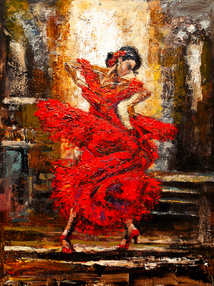 Richly textured fine art painting of a flamenco dancer in vibrant red dress with flowing ruffles, dynamic pose, and dark. - Spanish Steps/AP/#265 - Artist Proofs, Dancers AP, Figurative AP, Rolled Canvas