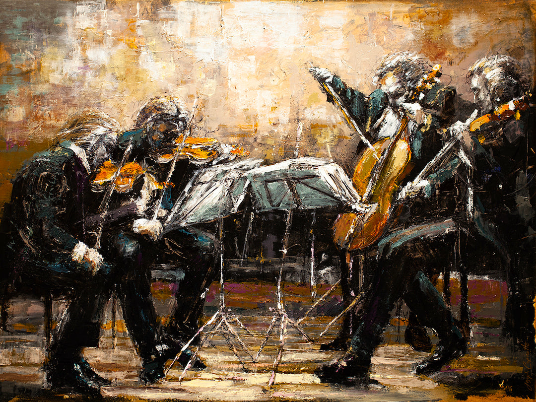 Richly textured fine art painting of four musicians in a string quartet, deep earthy tones with expressive brushwork on. - Mad Men/AP/#266 - Artist Proofs, Figurative AP, Rolled Canvas