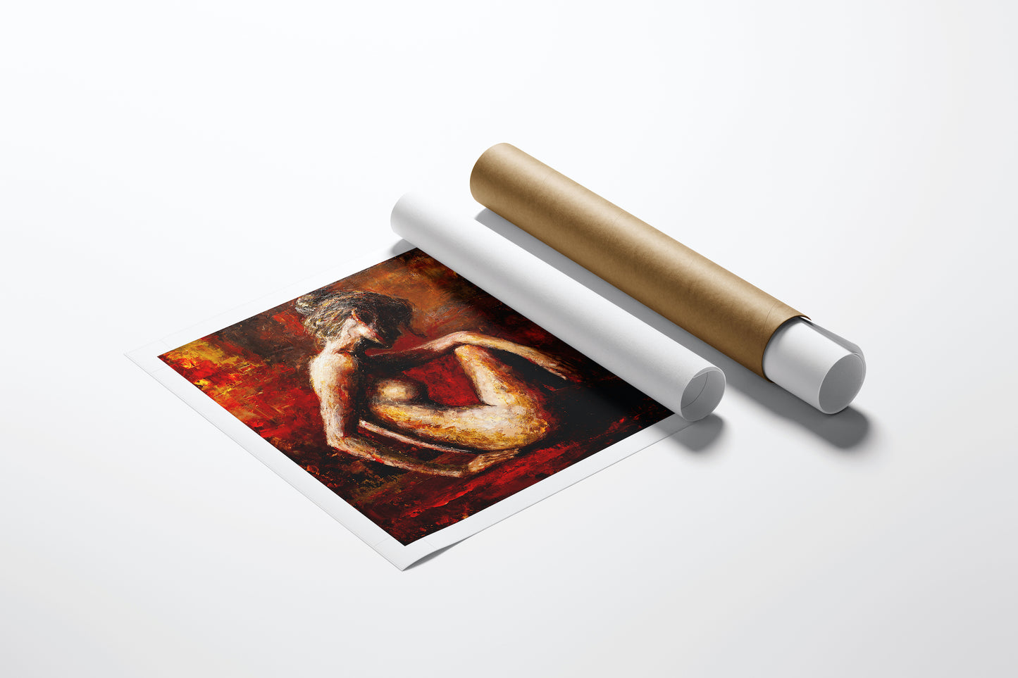 Limited edition fine art print of a rich, figurative woman in warm tones, displayed on white background with protective. - Warmth in One/AP/#267 - Artist Proofs, Figurative AP, Rolled Canvas