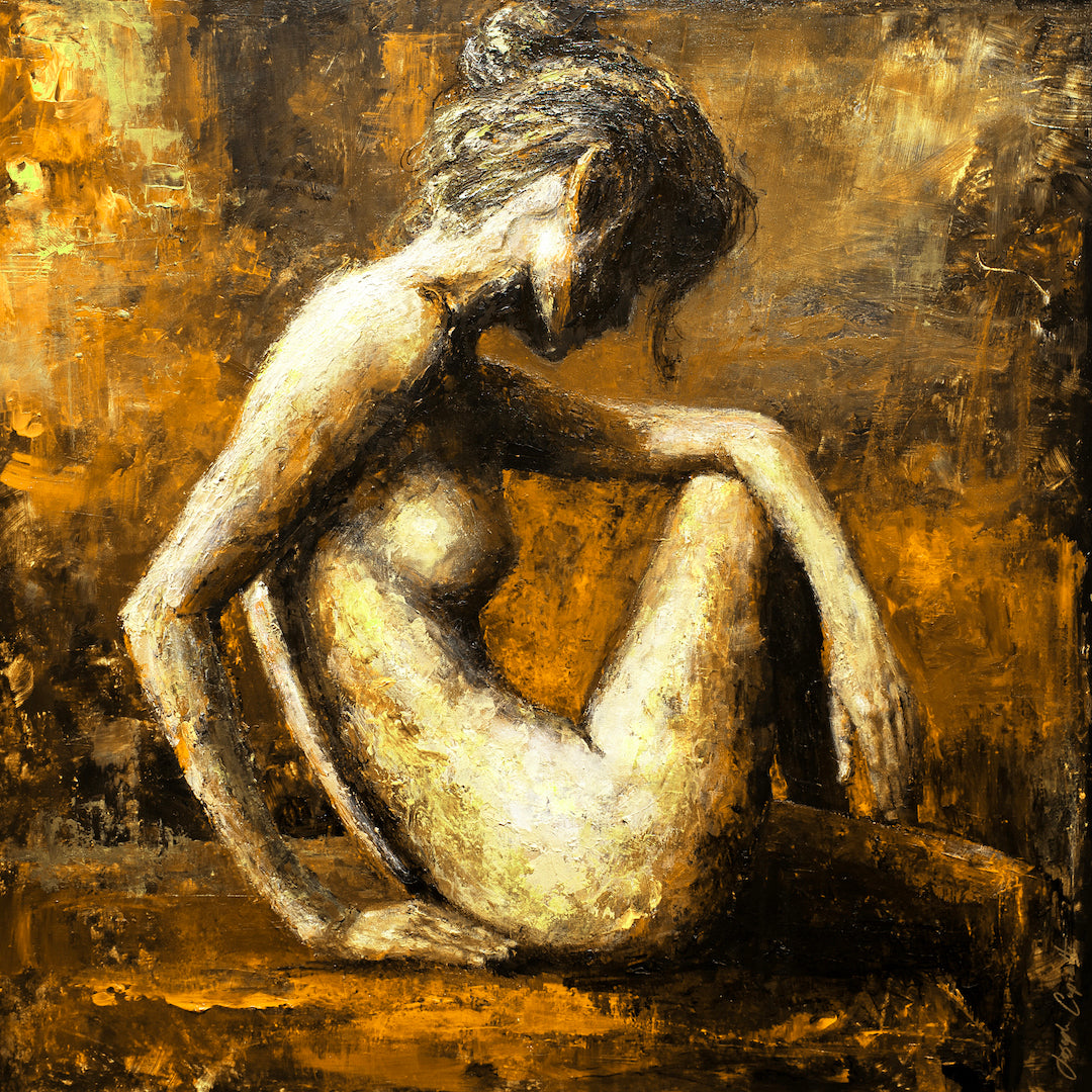 Limited edition fine art canvas showing a seated female figure rendered in rich oranges and yellows with textured,. - Warmth in One/#267/A - Color, Figurative, Oranges, Prints, Subject Matter, Yellows