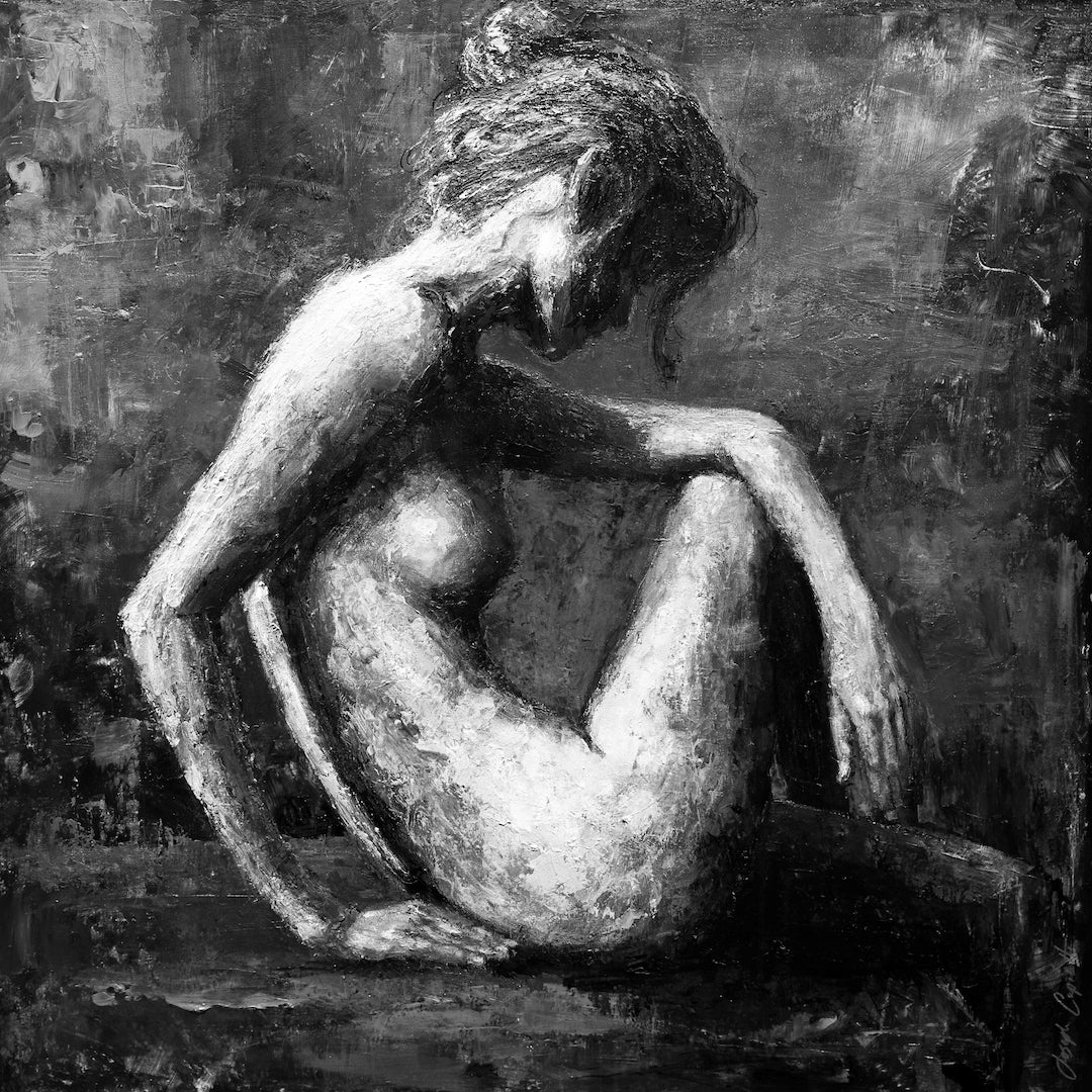Black and white figurative fine art print of a seated nude woman with textured brushwork, rich gallery-level craftsmanship. - Warmth in One/#267/D - Black & White, Color, Figurative, Prints, Subject Matter