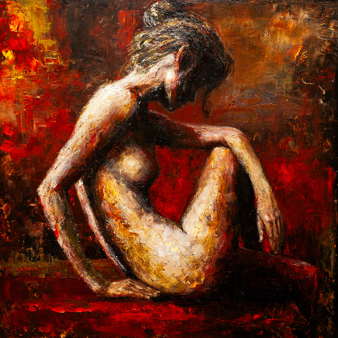 Gallery-level fine art painting of a seated nude woman with rich textures in warm reds, oranges, and browns, showcasing. - Warmth in One/AP/#267 - Artist Proofs, Figurative AP, Rolled Canvas