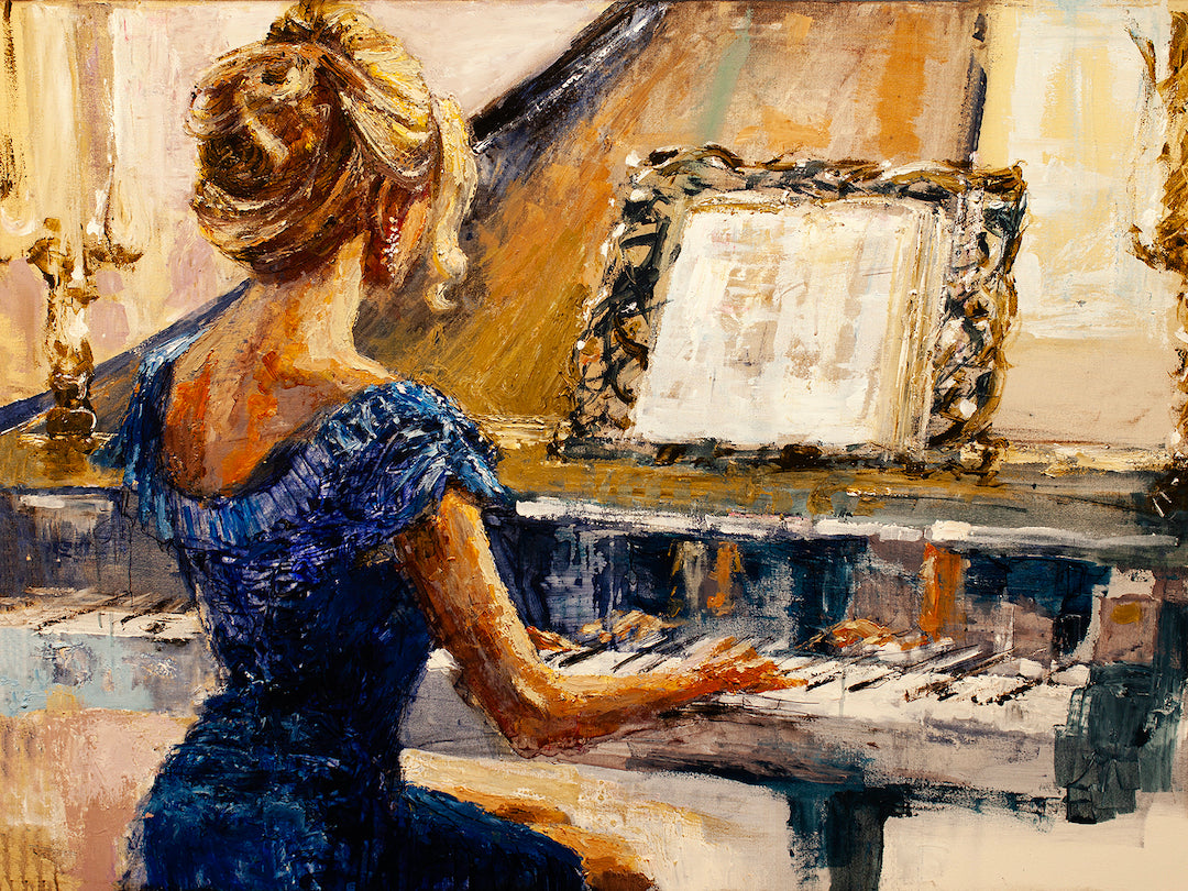 Fine art gallery-level painting of a woman with golden highlights in her hair playing a piano, rich blue dress and detailed. - Golden Highlights/AP/#270 - Artist Proofs, Figurative AP, Rolled Canvas, Women & Piano AP
