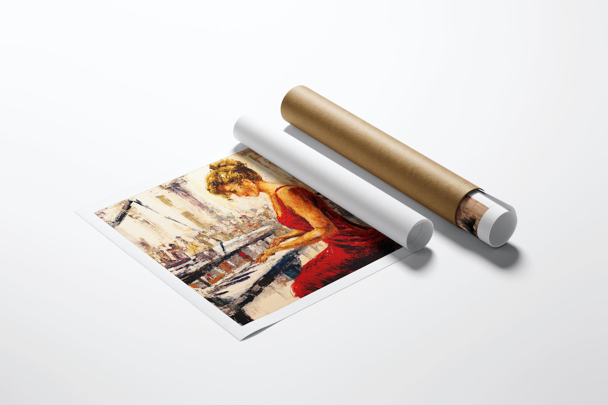 Rolled fine art canvas showing a rich, detailed woman in a red dress playing piano, paired with two protective mailing tubes . - Scarlet Ballroom/AP/#271 - Artist Proofs, Figurative AP, Rolled Canvas, Women & Piano AP