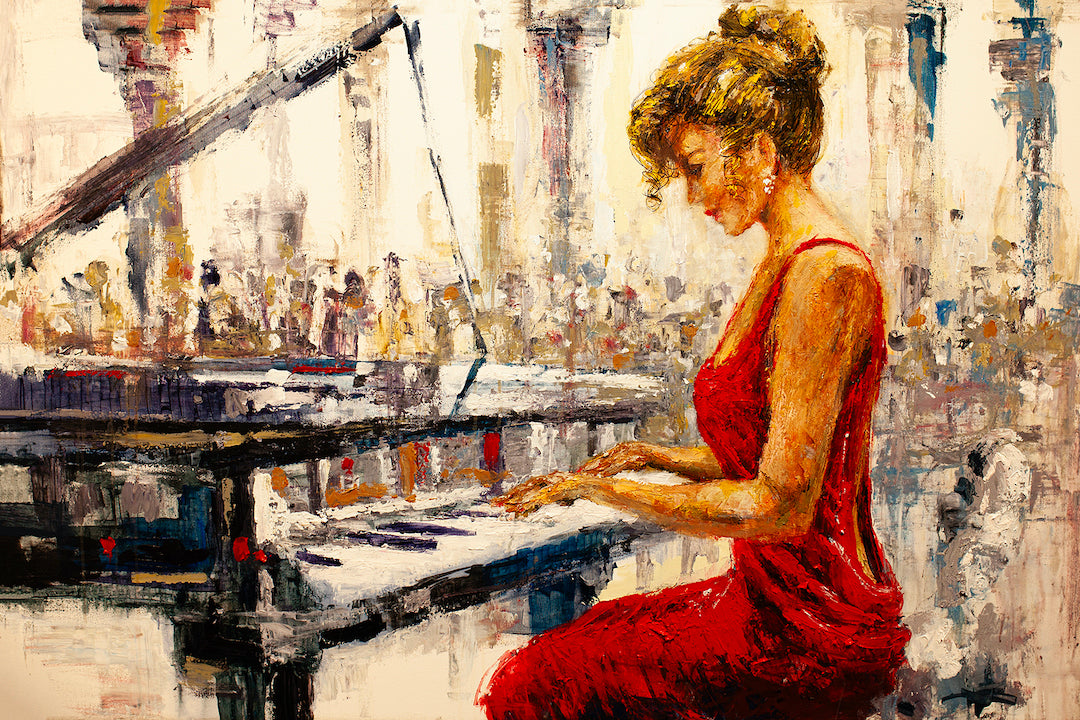 Richly textured fine art showing a woman in a vibrant red dress playing piano in an impressionistic ballroom scene with. - Scarlet Ballroom/AP/#271 - Artist Proofs, Figurative AP, Rolled Canvas, Women & Piano AP