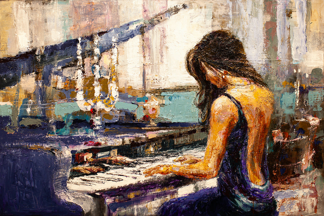 Richly textured fine art painting of a woman in a deep purple dress playing piano, showcasing gallery-level craftsmanship. - Piano Blues/AP/#272 - Artist Proofs, Figurative AP, Rolled Canvas, Women & Piano AP